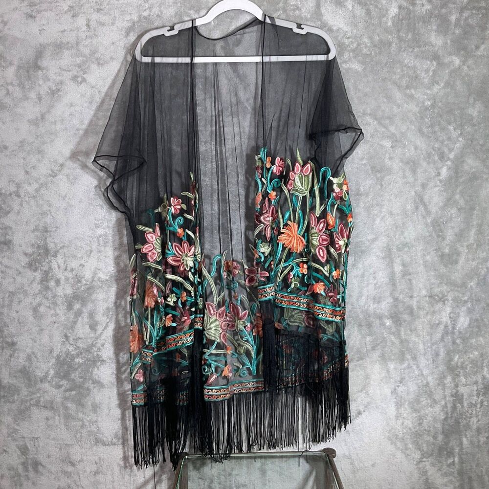 Kimono Cardigan Cover-up Womens OSFM Black Floral Embroidered Fringe Mesh Boho